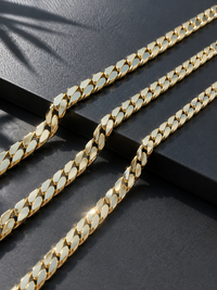 Gold Cuban link chains laid flat, showing link detail - Showtime Gems
