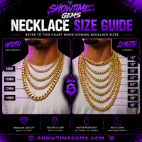 Showtime Gems necklace size guide - Cuban link widths 6-14mm and lengths 14 to 30 inches