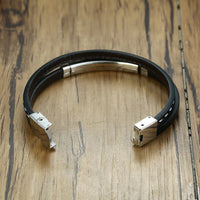 Genuine Leather & Steel Bar Bracelet — Layered Cuff (Black / Silver / Gold)