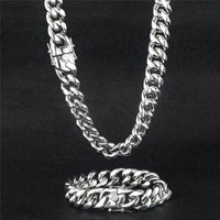 Miami Cuban Link Chain — 8–14mm Engraved Clasp, Silver Non-Tarnish Steel