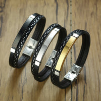 Genuine Leather & Steel Bar Bracelet — Layered Cuff (Black / Silver / Gold)