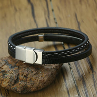 Genuine Leather & Steel Bar Bracelet — Layered Cuff (Black / Silver / Gold)