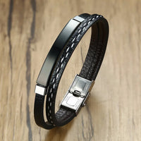 Genuine Leather & Steel Bar Bracelet — Layered Cuff (Black / Silver / Gold)