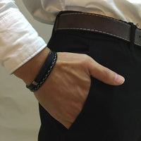Genuine Leather & Steel Bar Bracelet — Layered Cuff (Black / Silver / Gold)