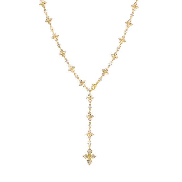 Iced CZ Cross Lariat Y-Necklace — Silver / Gold