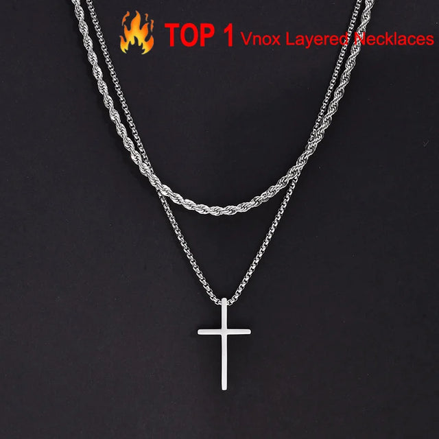 Layered Cross Pendant Necklace — Non-Tarnish Stainless Steel (Gold / Silver)