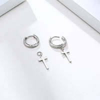 Men's Cross Dangle Earring — Stainless Steel Drop Hoop (Silver / Black)