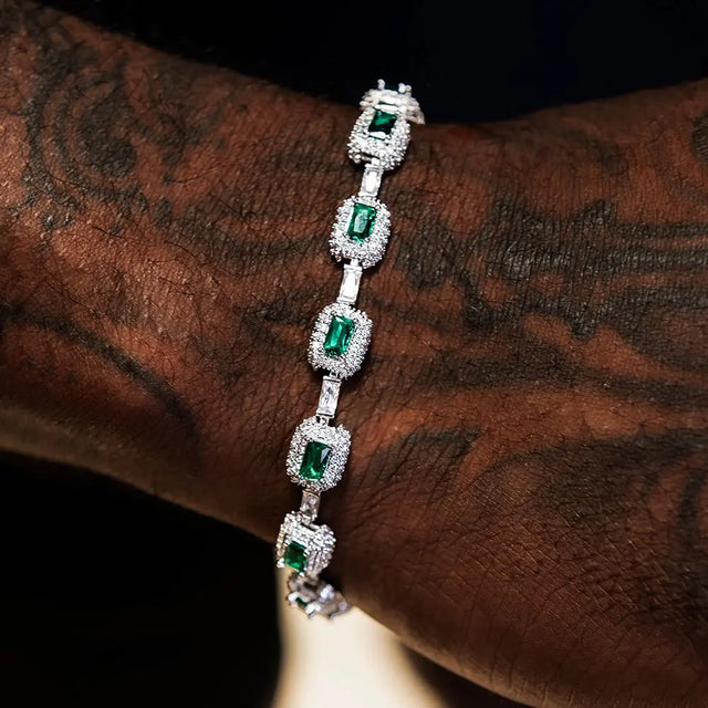 Iced Green Emerald Bracelet — 7mm, White Gold Finish