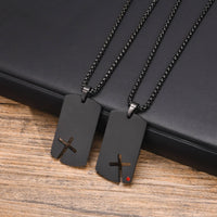 Men's Cross Dog Tag Necklace — CZ Accent, Stainless Steel Box Chain