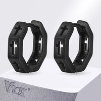 Men's Cross Huggie Hoop Earrings — Hollow Octagon Stainless Steel (Silver / Black)