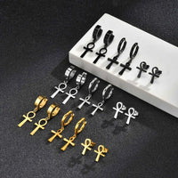 Men's Ankh Cross Earrings — Stainless Steel Huggie (Gold / Silver / Black)