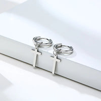 Men's Cross Dangle Earring — Stainless Steel Drop Hoop (Silver / Black)