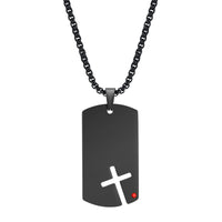 Men's Cross Dog Tag Necklace — CZ Accent, Stainless Steel Box Chain
