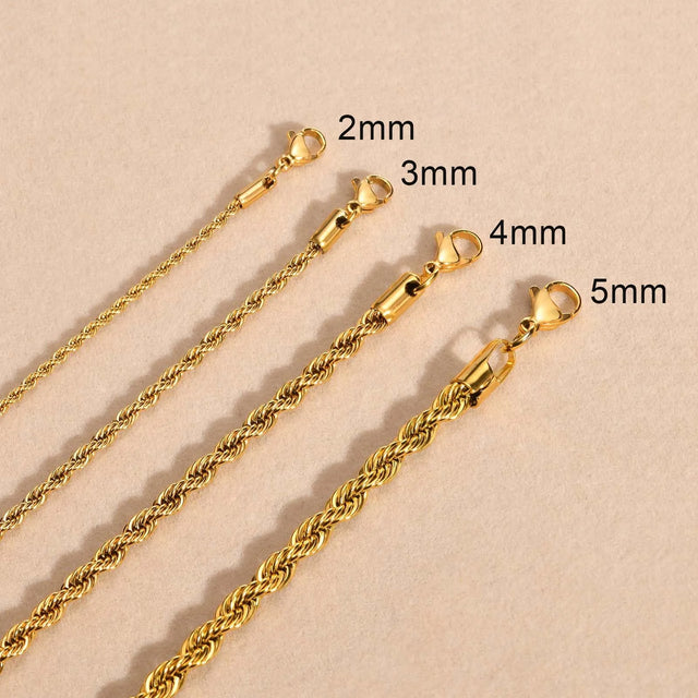 Rope Chain Necklace — Waterproof 18K Gold Non-Tarnish Stainless Steel (2–5mm)