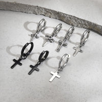 Men's Cross Dangle Earring — Stainless Steel Drop Hoop (Silver / Black)