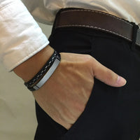 Genuine Leather & Steel Bar Bracelet — Layered Cuff (Black / Silver / Gold)