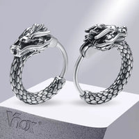 Men's Dragon Hoop Earrings — Vintage Stainless Steel (Silver / Black / Gunmetal)