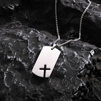 Men's Cross Dog Tag Necklace — CZ Accent, Stainless Steel Box Chain