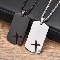 Men's Cross Dog Tag Necklace — CZ Accent, Stainless Steel Box Chain