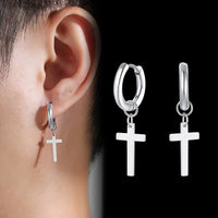 Men's Cross Dangle Earring — Stainless Steel Drop Hoop (Silver / Black)