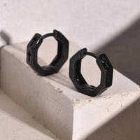 Men's Cross Huggie Hoop Earrings — Hollow Octagon Stainless Steel (Silver / Black)