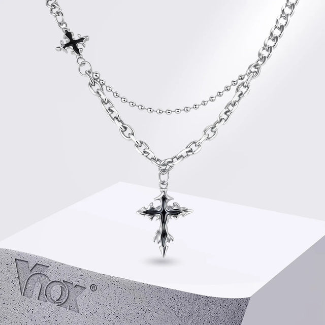 Gothic Lava Cross Pendant Necklace — Blackened Stainless Steel