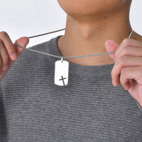 Men's Cross Dog Tag Necklace — CZ Accent, Stainless Steel Box Chain