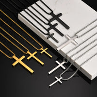 Men's Cross Pendant Necklace — Non-Tarnish Stainless Steel Box Chain (Gold / Silver / Black)