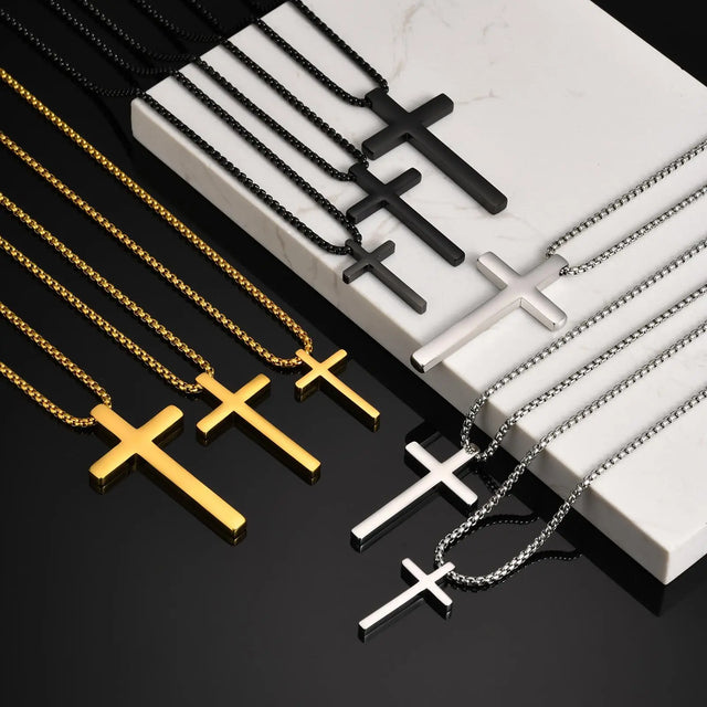 Men's Cross Pendant Necklace — Non-Tarnish Stainless Steel Box Chain (Gold / Silver / Black)