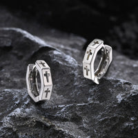 Men's Cross Huggie Hoop Earrings — Hollow Octagon Stainless Steel (Silver / Black)