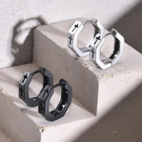Men's Cross Huggie Hoop Earrings — Hollow Octagon Stainless Steel (Silver / Black)