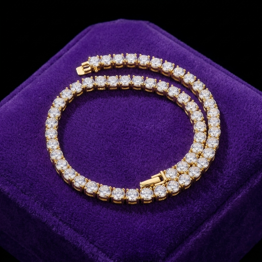 Moissanite tennis bracelet 3-6.5mm D-VVS1 18K gold-plated 925 sterling silver on royal purple velvet