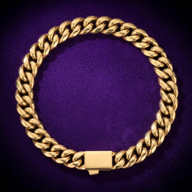 Miami Cuban link bracelet 6-12mm, 18K gold PVD stainless steel with plain box clasp, on royal purple velvet - Showtime Gems
