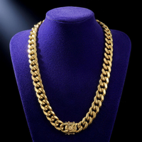 Miami Cuban link chain 8-14mm 18K gold PVD on royal purple velvet bust, 22 inch drape, plain box clasp with round engraved medallion - Showtime Gems