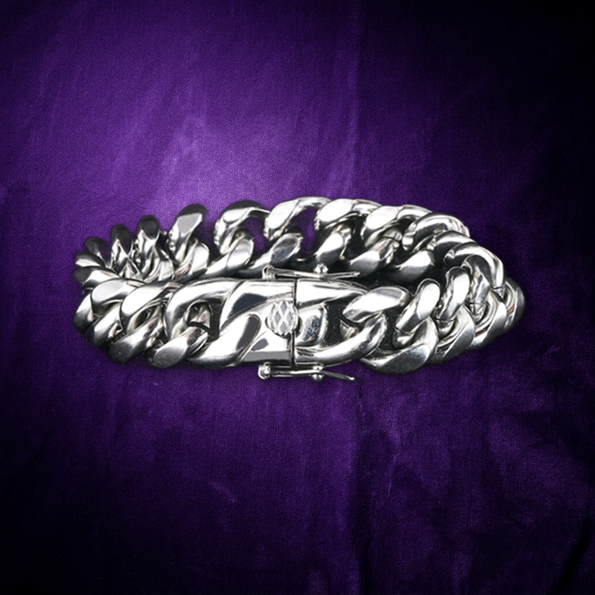 Miami Cuban link bracelet 8-14mm, silver non-tarnish stainless steel with plain box clasp and round engraved medallion, on royal purple velvet - Showtime Gems
