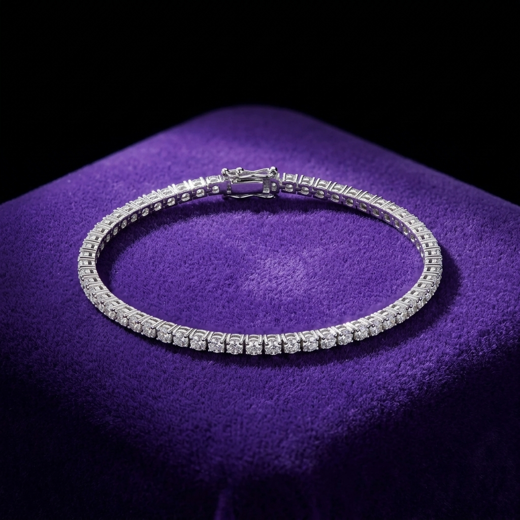 Moissanite tennis bracelet 2mm D-VVS1 925 sterling silver on royal purple velvet