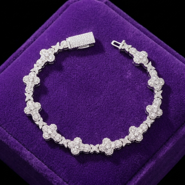 Moissanite clover bracelet D-VVS1 rhodium-plated 925 sterling silver on royal purple velvet