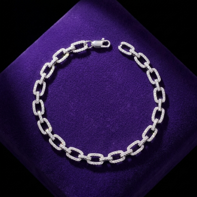 Moissanite pave link bracelet 7mm D-VVS1 rhodium-plated 925 sterling silver on royal purple velvet