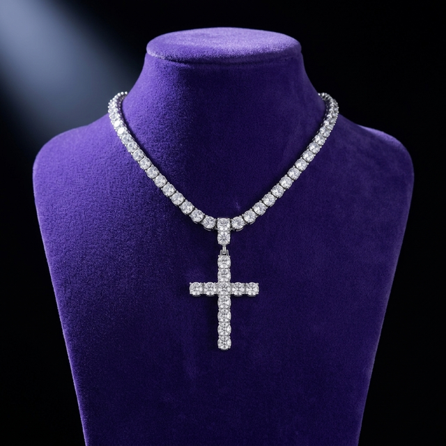 Moissanite cross pendant 22x43mm D-VVS1 GRA-certified 925 sterling silver on royal purple velvet