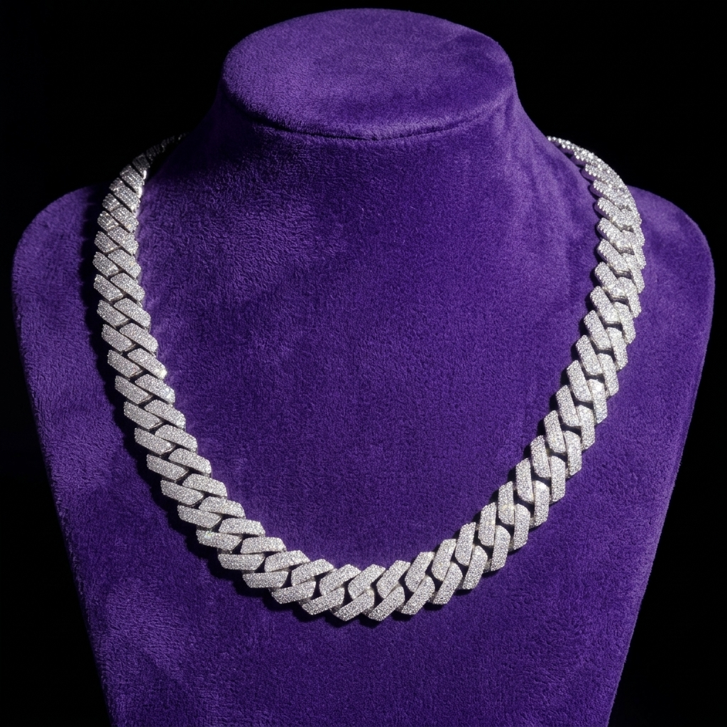 Moissanite Cuban link chain 15mm D-VVS1 rhodium-plated 925 sterling silver on royal purple velvet