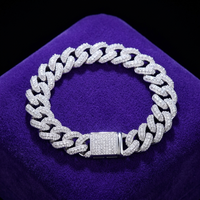 Moissanite Cuban link bracelet 13mm D-VVS1 rhodium-plated 925 sterling silver on royal purple velvet