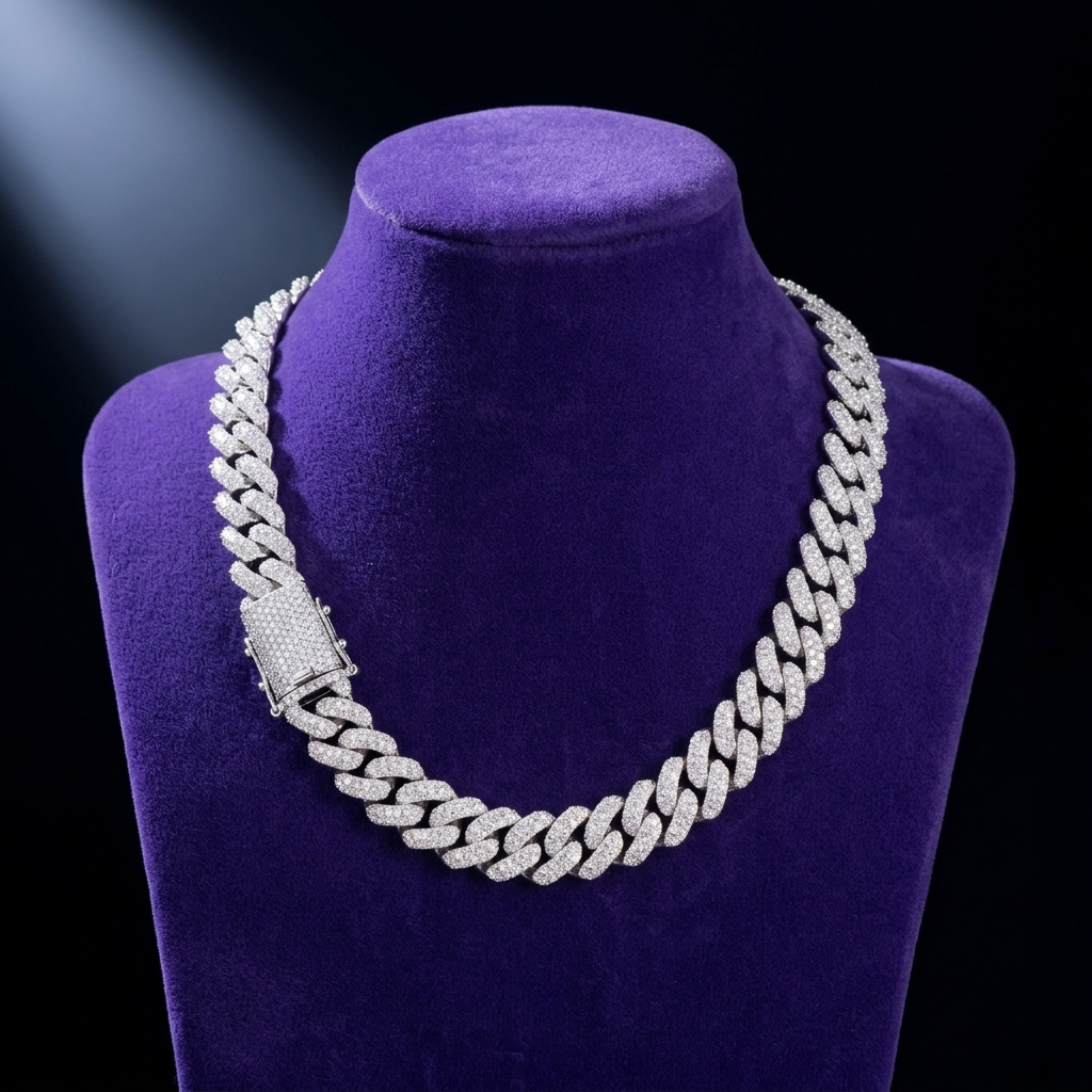 Moissanite Cuban link necklace 13mm D-VVS1 rhodium-plated 925 sterling silver on royal purple velvet