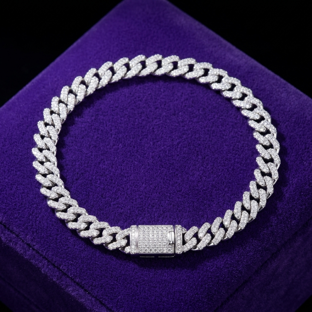 Moissanite Cuban link bracelet 6mm D-VVS1 rhodium-plated 925 sterling silver on royal purple velvet