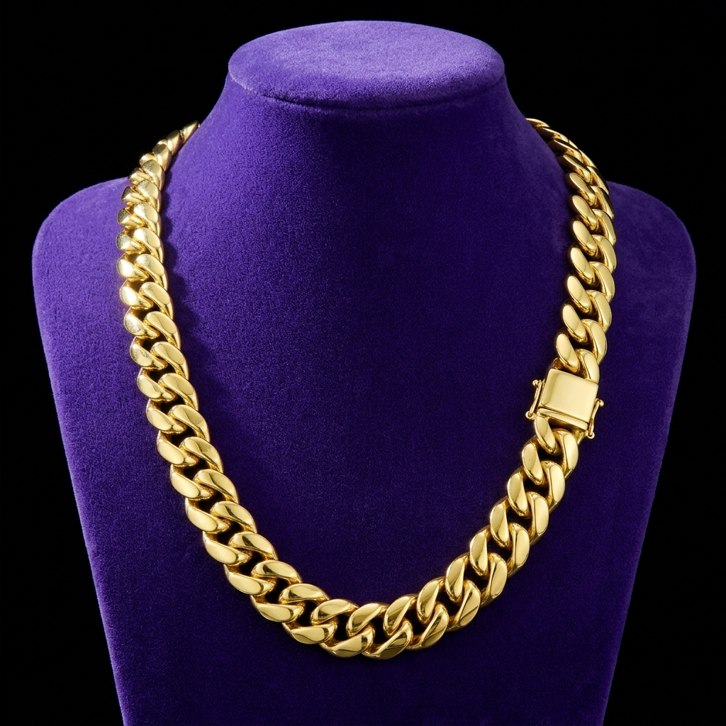 Miami Cuban link chain 6-18mm, box clasp, 18K gold PVD, on royal purple velvet - Showtime Gems