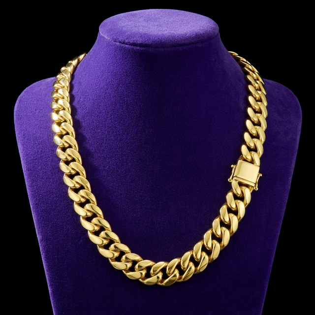 Miami Cuban link chain 6-18mm, box clasp, 18K gold PVD, on royal purple velvet - Showtime Gems