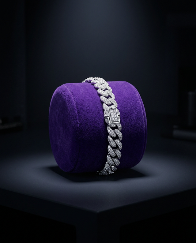 Men's iced-out moissanite tennis bracelet on royal purple velvet — Showtime Gems
