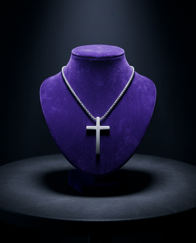 Men's cross pendant necklace on royal purple velvet bust — Showtime Gems