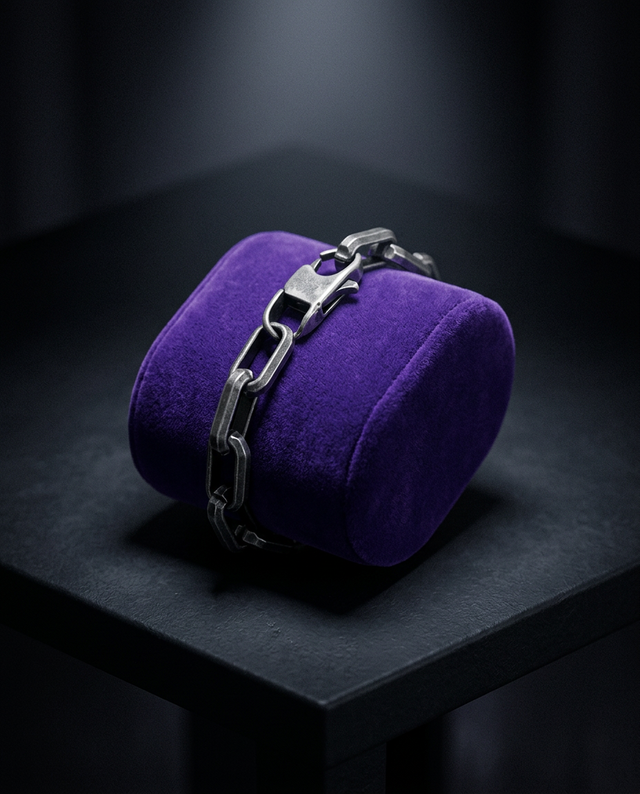 Men's paperclip chain bracelet on royal purple velvet — Showtime Gems