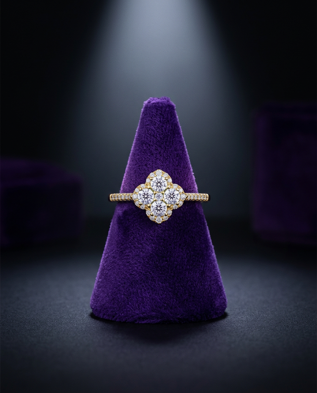 Moissanite solitaire ring on royal purple velvet cone — Showtime Gems