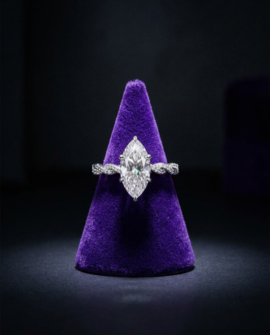 Marquise moissanite engagement ring on royal purple velvet cone — Showtime Gems